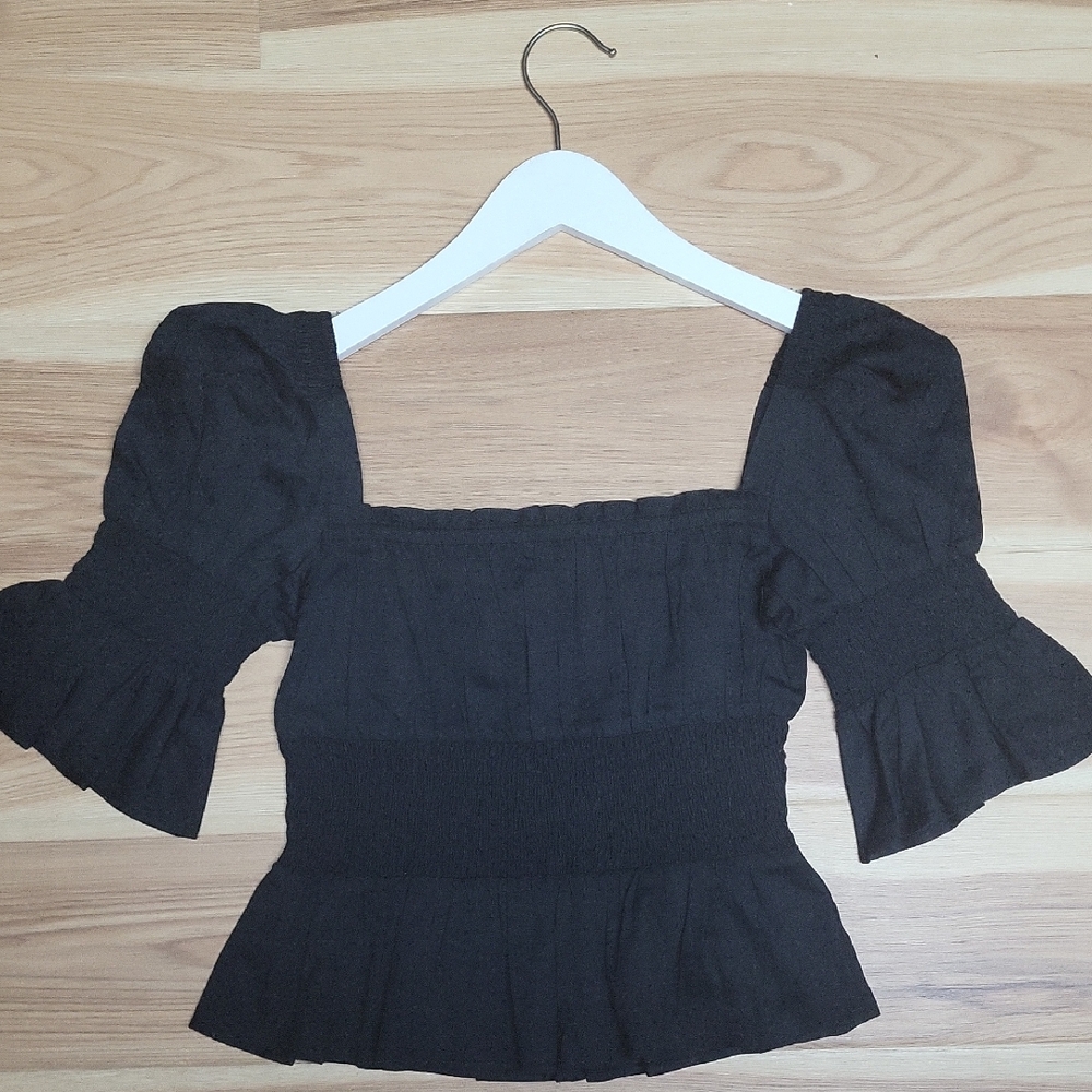 French Connection Black Puff Sleeve Smocked Blouse